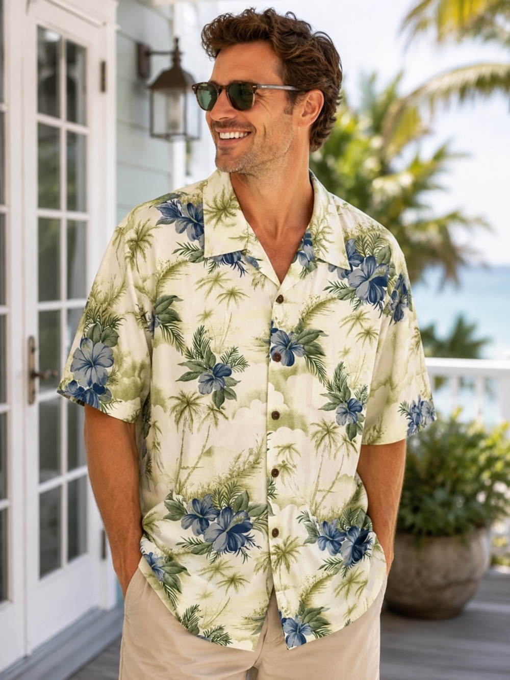 Tommy Bahama Hawaiian Shirt Men XL Blue Floral Tropical 100% Silk Camp